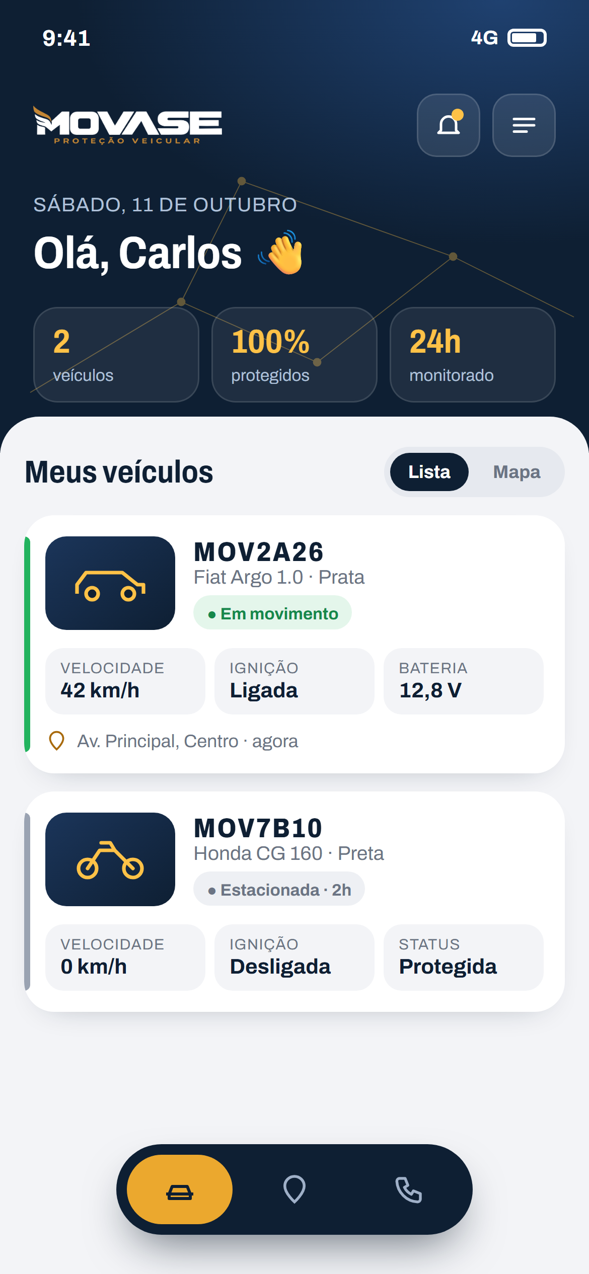 Tela inicial do app Movase com a lista de veículos