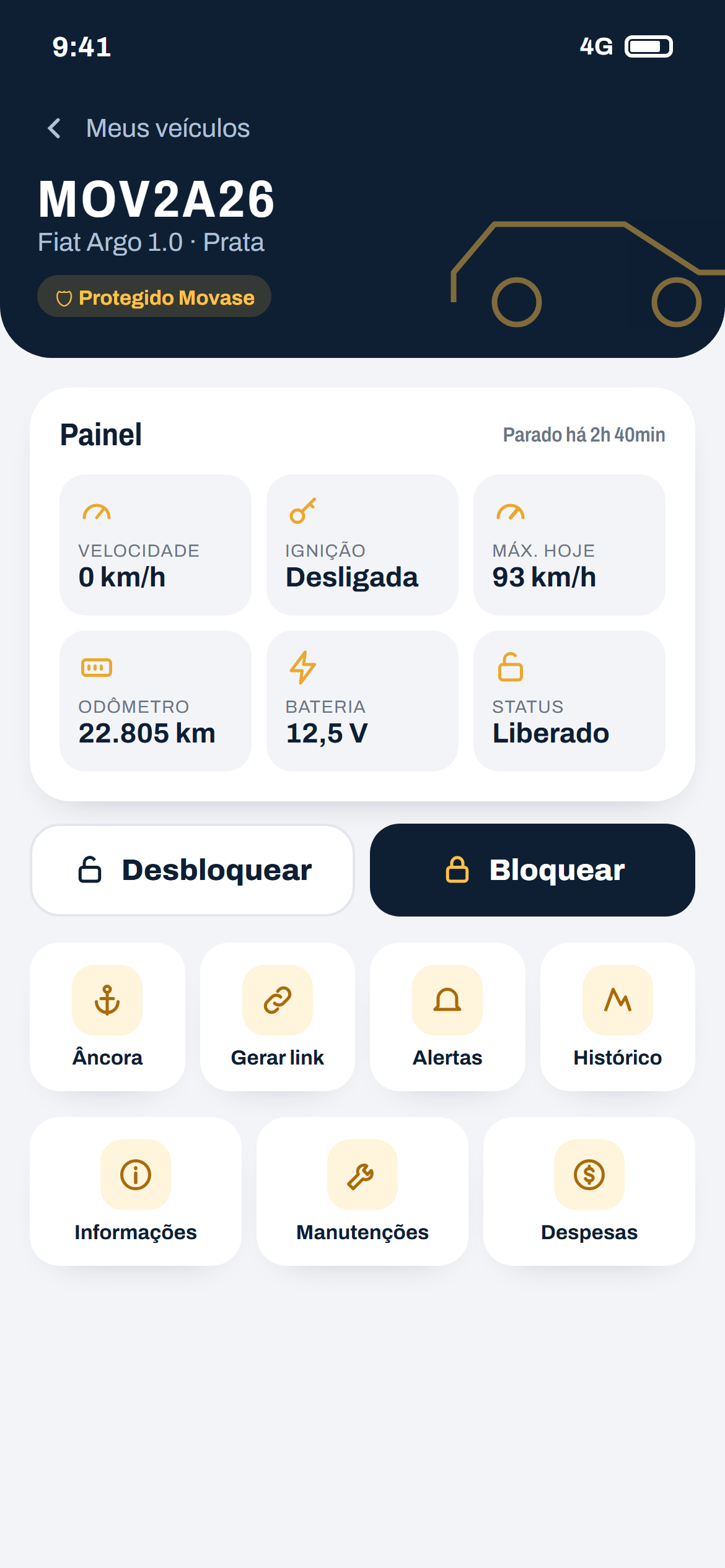 Painel do veículo com velocidade, ignição e bloqueio
