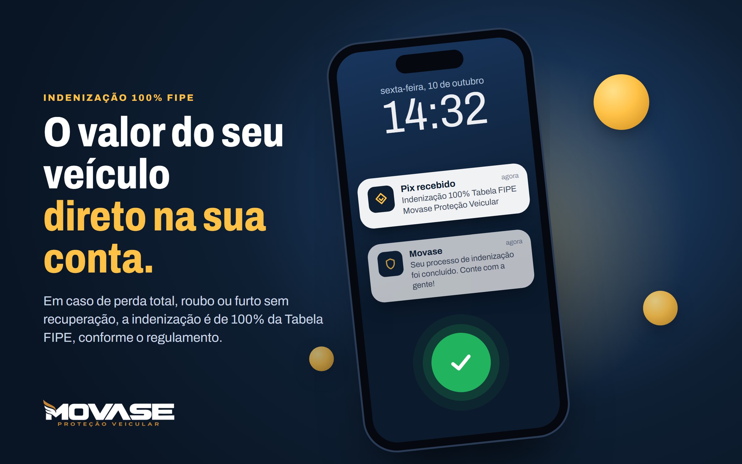 Celular recebendo um Pix de indenização de 100% da Tabela FIPE da Movase