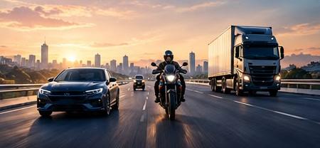 Carro, moto e caminhão em uma rodovia ao entardecer